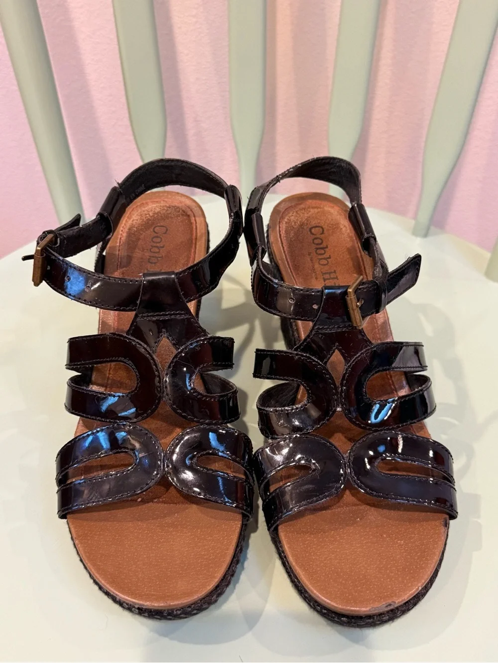 Black Patent Wedge Sandals with Ankle Buckle